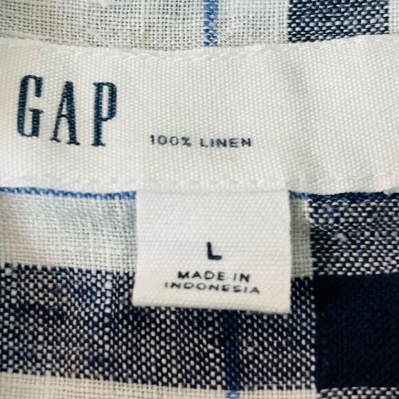 GAP 100% Linen L black, white, blue plaid button front pocket shirt - Picture 6 of 7